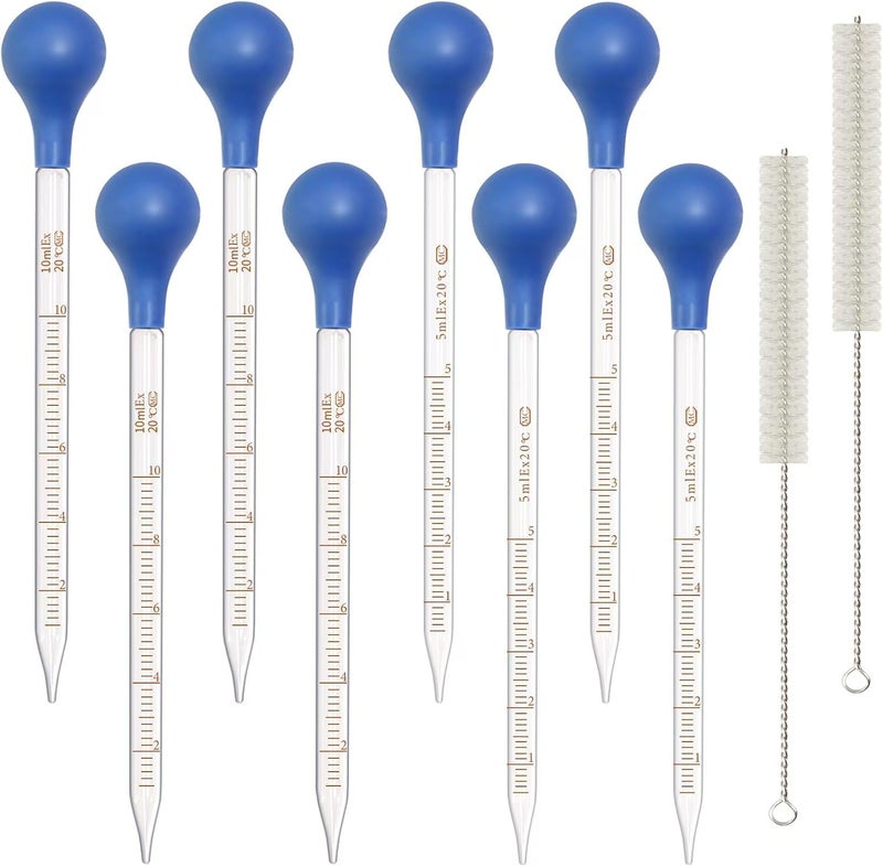 Asherxin 8 Pack Glass Pipette Dropper Lab Graduated Dropper Liquid Pipette with Rubber Cap+ 2 Cleaning Brush for Liquid Essential Oil Lab Dropper Pipettes Transfer (4pcs 5ml Dropper+4pcs 10ml Dropper) - Image 1